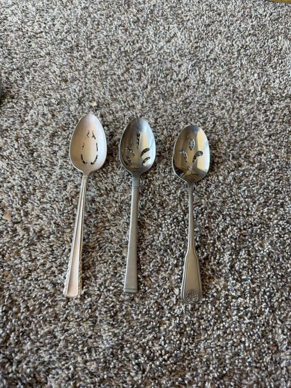 Set of 3 Vintage Mixed Pattern Stainless Steel & Deep silver Slotted Serving Spo